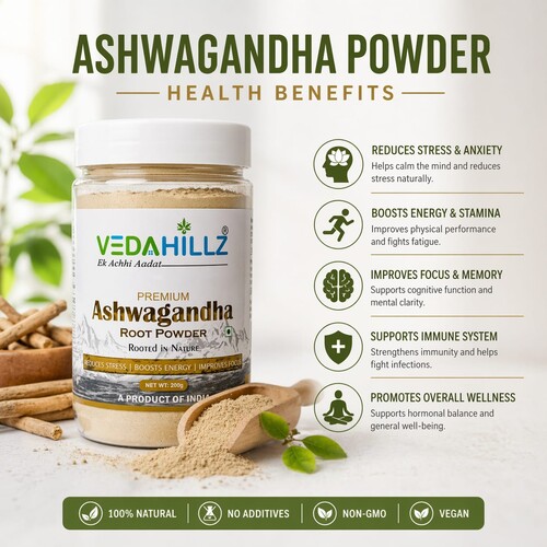Premium and Natural Vedahillz Ashwagandha Powder Crafted from Fresh Roots for Vitality, Stress Relief, and Everyday Wellness